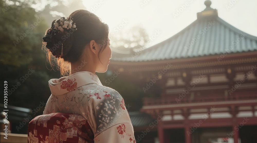 Fototapeta premium Draped in elegance a woman gazes at a sacred temple celebrating cultural beauty at dusk