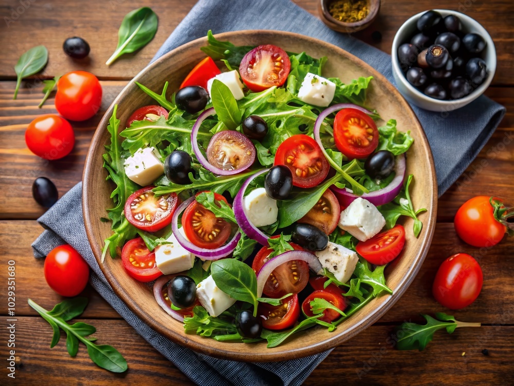 Fresh Healthy Salad Close-Up - Arugula, Tomatoes, Olives, Onion, Mozzarella for Clean Eating and Vegetarianism Fresh Healthy Salad Close-Up - Arugula, Tomatoes, Olives, Onion, Mozzarella for Clean Eating and Vegetarianism