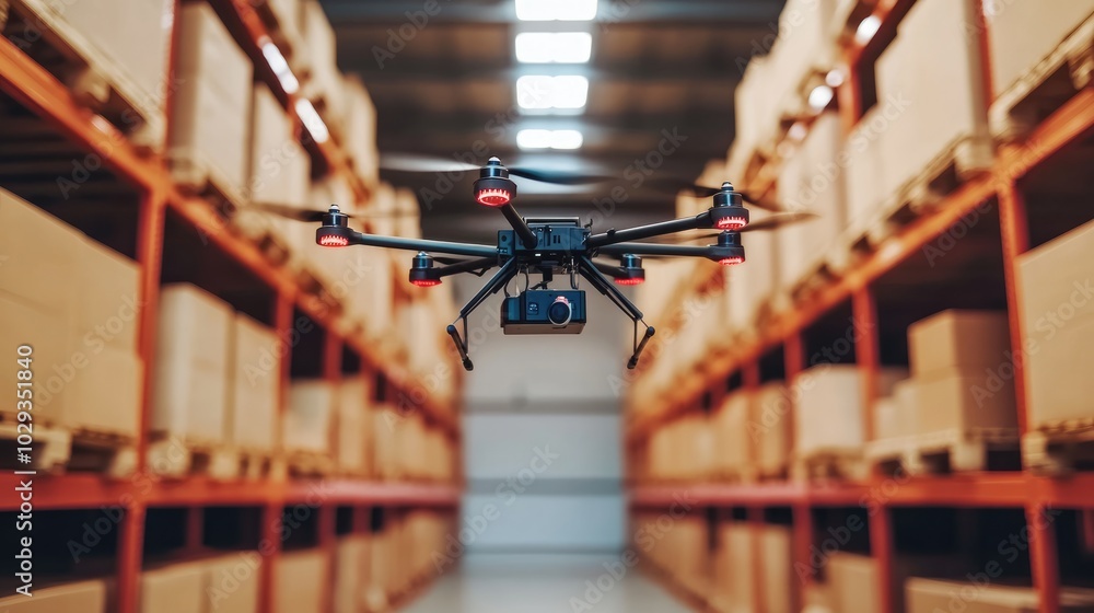 High-tech warehouse with drones managing inventory and facilitating order fulfillment, showcasing innovation High-tech warehouse with drones managing inventory and facilitating order fulfillment, showcasing innovation