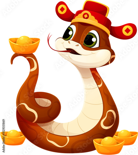 Cartoon snake in a traditional Chinese hat, balances a gold ingot on its tail. Isolated vector brown reptile zodiac animal symbol symbolizes prosperity, wealth and good fortune for the 2025 lunar year