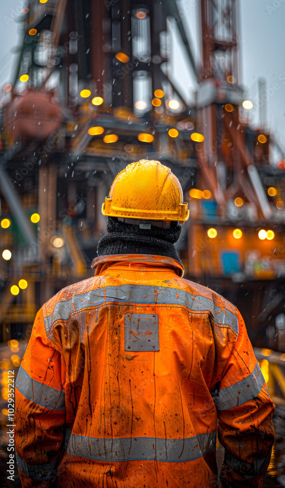 Worker observing an oil rig during a rainy day A worker in an orange jacket and hard hat stands at an oil rig, watching operations unfold amidst rainy weather conditions. Worker observing an oil rig during a rainy day A worker in an orange jacket and hard hat stands at an oil rig, watching operations unfold amidst rainy weather conditions.