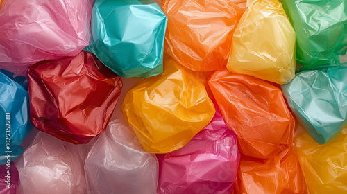 A colorful assortment of crumpled plastic bags creates a vibrant, textured pattern, showcasing a variety of bright hues overlapping in a close-up view. photo