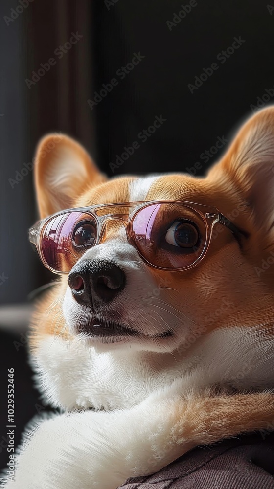 A playful corgi relaxes with sunglasses radiating a humorous and cool vibe indoors A playful corgi relaxes with sunglasses radiating a humorous and cool vibe indoors