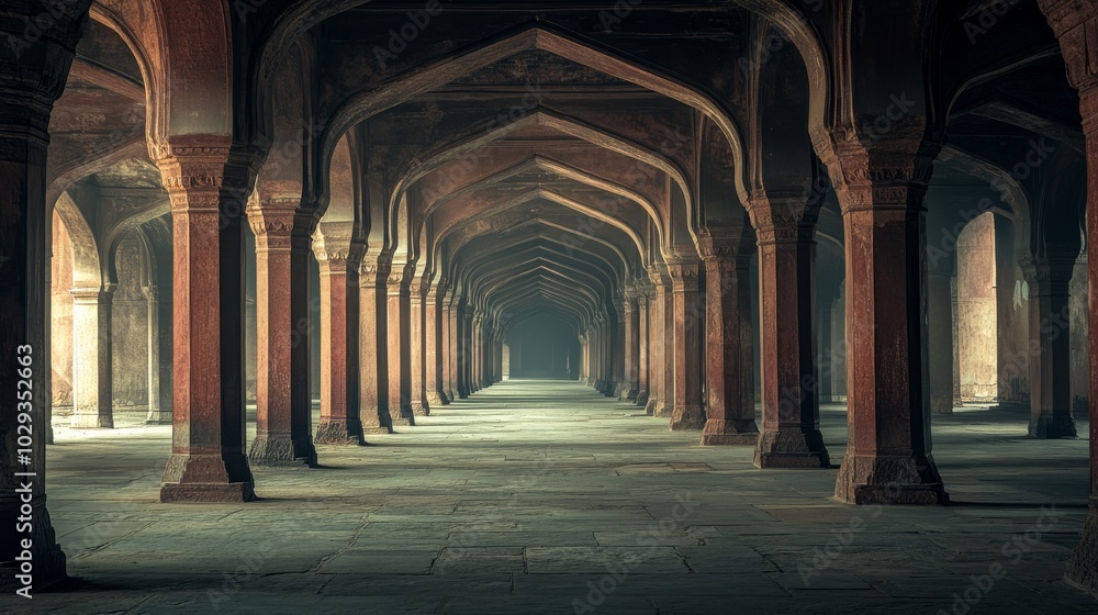 Majestic arches line a tranquil corridor inviting exploration and reflection in soft light Majestic arches line a tranquil corridor inviting exploration and reflection in soft light
