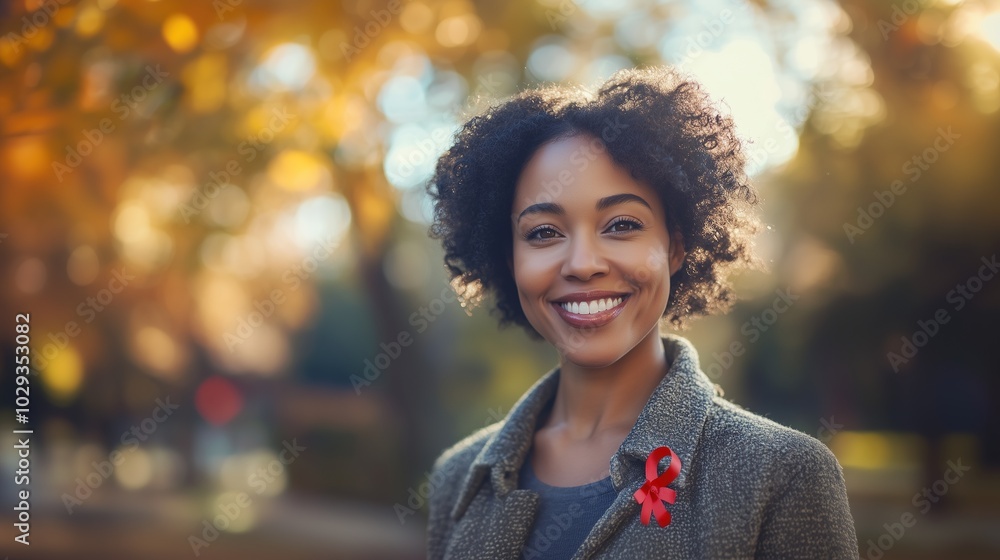 Obraz premium A smiling woman standing outdoors, wearing a red AIDS ribbon pinned to her jacket