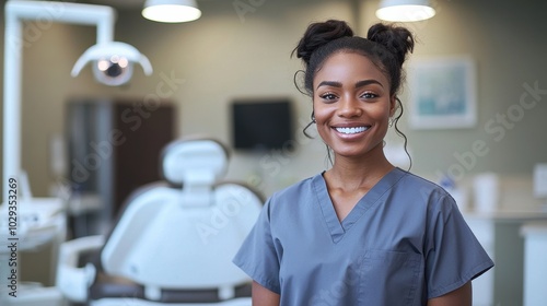 Smiling dental assistant in scrubs stands confidently in a modern dental clinic during daylight hours