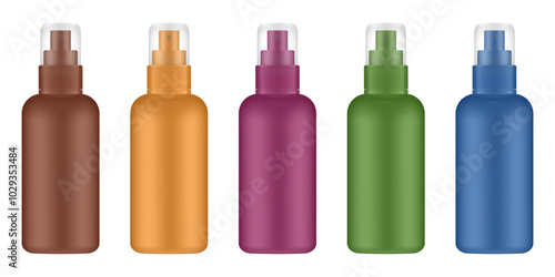 Set of brown, orange, green, wine red and blue cosmetic bottles with pump. Dispenser. Korean packaging. Lotion or serum. Mist, hair spray, air freshener container. Mockup of aerosol. Transparent cap