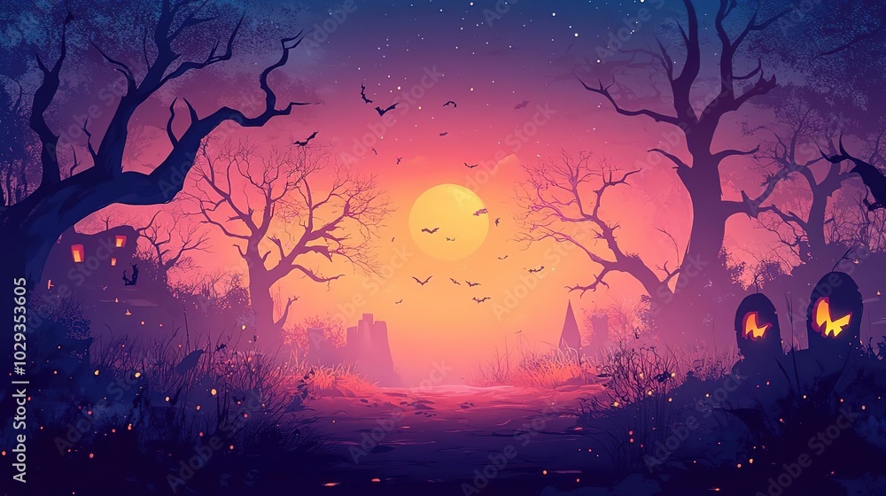 A hauntingly beautiful Halloween scene with eerie trees, a glowing sunset, and silhouettes of bats, perfect for seasonal decor. A hauntingly beautiful Halloween scene with eerie trees, a glowing sunset, and silhouettes of bats, perfect for seasonal decor.