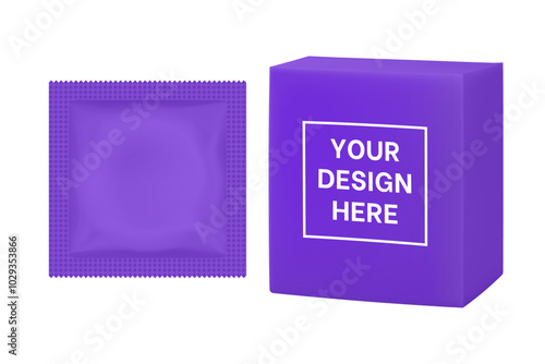 Purple condom packaging mockup. Contraception method, safe love. Foil pouch and box
