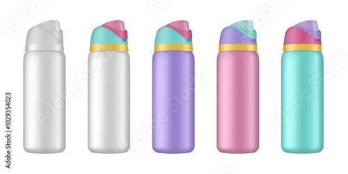 Set of drinking bottles. 3d mockup of a travel tumbler. Set of white, pink, blue and purple water bottles. Thermos template. Bicycle sport container	
