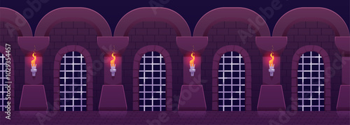 Medieval dungeon corridor interior with gratings arches gates, stone walls, burning torches, vector ancient prison hall
