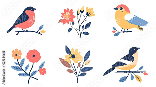 Decorative Flat Geometric Designs Featuring Birds and Flowers Generative AI