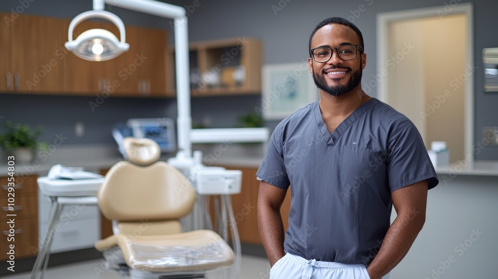 Smiling dentist in scrubs stands confidently in a modern dental clinic, ready to assist patients with oral care Smiling dentist in scrubs stands confidently in a modern dental clinic, ready to assist patients with oral care