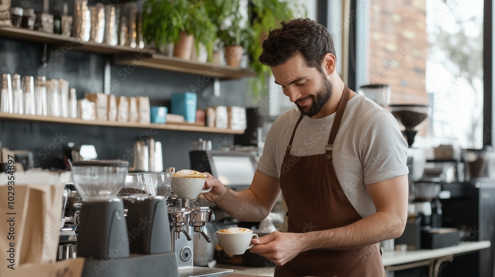 Barista preparing cappuccinos in a cozy coffee shop during the morning rush with fresh coffee beans and lively atmosphere Barista preparing cappuccinos in a cozy coffee shop during the morning rush with fresh coffee beans and lively atmosphere