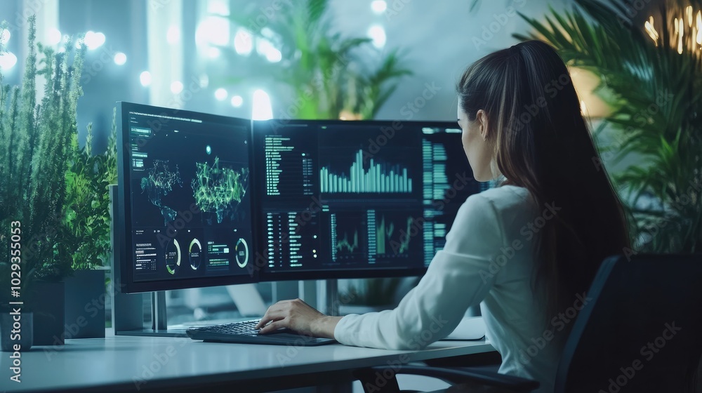 Marketing analyst reviewing detailed digital ad metrics and making data-driven decisions in a sleek office Marketing analyst reviewing detailed digital ad metrics and making data-driven decisions in a sleek office