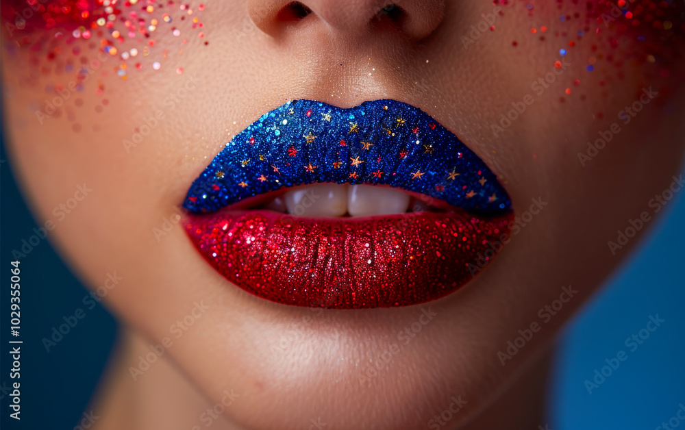 Obraz premium Glittery patriotic lip art A close-up view showcasing vibrant red and blue lip art adorned with glitter stars, reflecting a festive, patriotic theme.