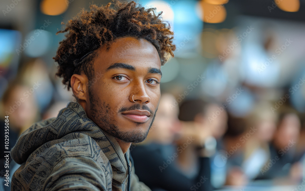 Young man engaging with a crowd in a busy venue A young man looks at the camera with a friendly expression while surrounded by a bustling group of people in a lively atmosphere. Young man engaging with a crowd in a busy venue A young man looks at the camera with a friendly expression while surrounded by a bustling group of people in a lively atmosphere.