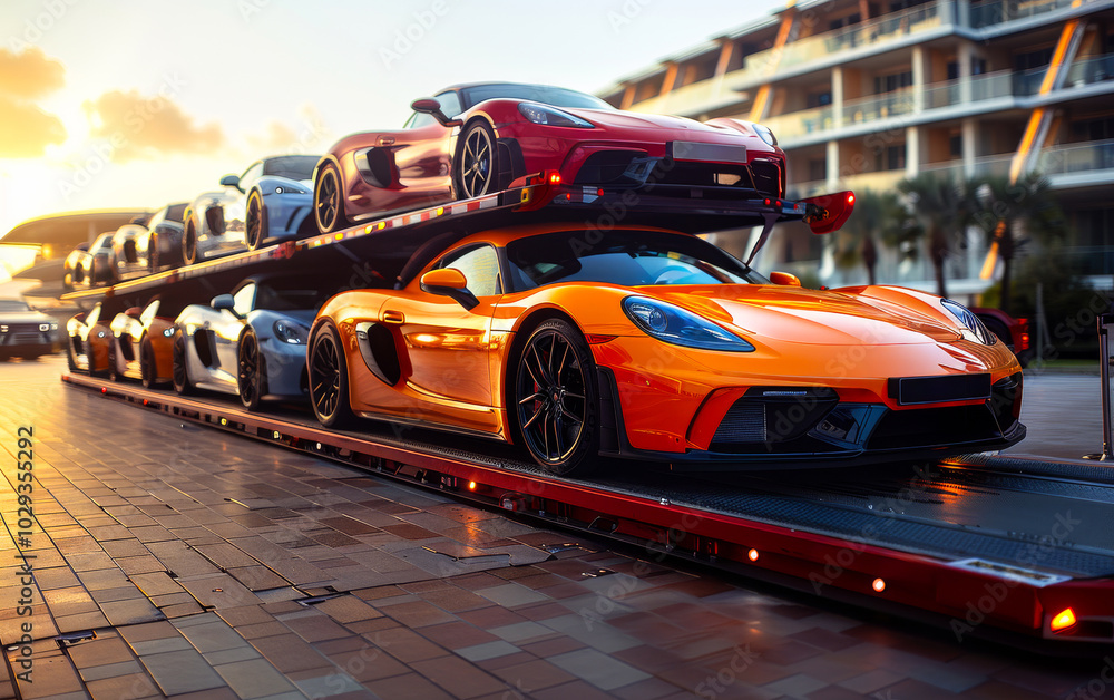 Fototapeta premium Luxury cars on a trailer at sunset A transport trailer carries luxury sports cars, including orange and red models, under a vibrant sunset at a coastal location.