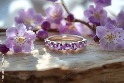 jewelry photography, airy studio showcases delicate amethyst rings on a wooden counter, with blossoms and plenty of space for text