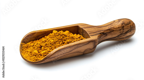 Turmeric Powder in Wooden Scoop Indian Spice Yellow Powder Kitchen Ingredient