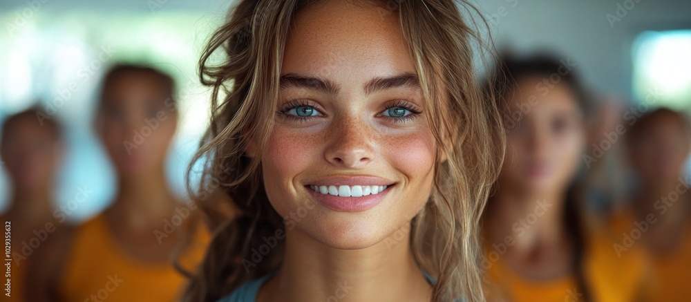 Portrait of a smiling woman with blue eyes and blonde hair, in focus, with other women blurred in the background. Portrait of a smiling woman with blue eyes and blonde hair, in focus, with other women blurred in the background.