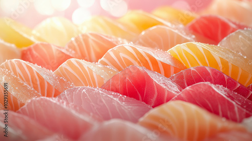 A close-up of assorted fresh sashimi slices, featuring vibrant colors and intricate marbling, beautifully arranged in rows under soft, glistening light. photo