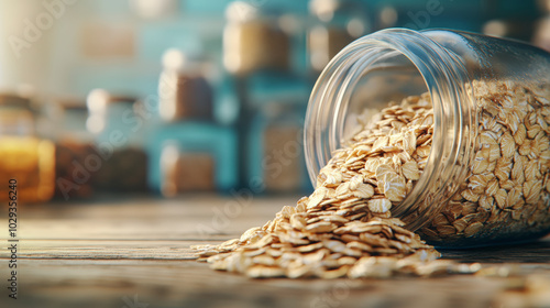 A glass jar filled with oats spills its contents onto a wooden surface, set against a blurred pantry background. Perfect for a cozy breakfast setting.