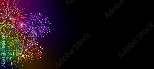Fireworks banner, colorful New Year border, background