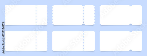 Set of white ticket mockups with ruffle edges and shadows. Empty template. Concert, movie or theater ticket. Boarding blank, lottery, sale coupon