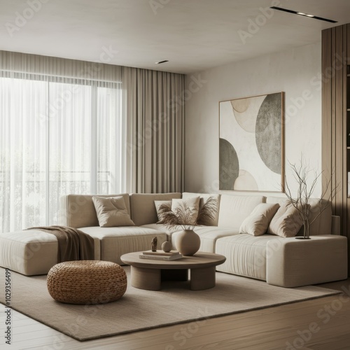 modern living room, minimalist design, large sectional sofa, white and beige color scheme, abstract wall art, floor-to-ceiling windows, sheer curtains, natural light, wooden flooring, plush area rug, 