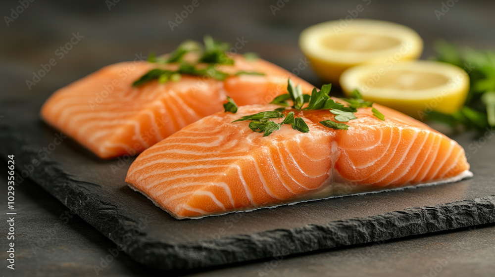 Two fresh salmon fillets topped with herbs are displayed on a slate board, accompanied by lemon slices for garnish. Two fresh salmon fillets topped with herbs are displayed on a slate board, accompanied by lemon slices for garnish.