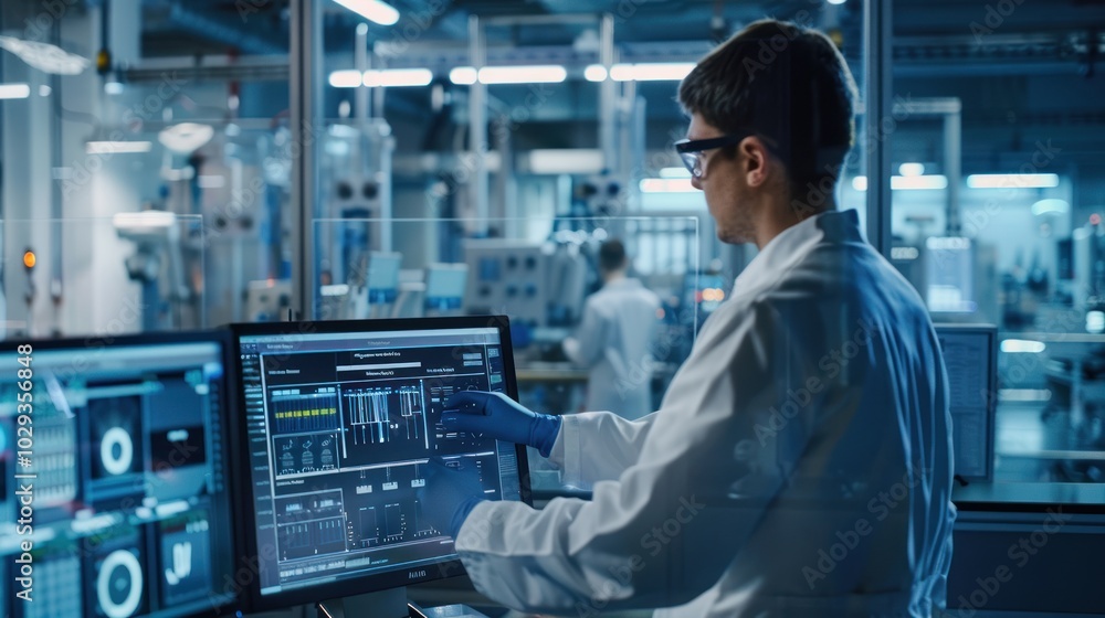 Scientist in a Lab Coat Working on a Computer in a Modern Industrial Facility Scientist in a Lab Coat Working on a Computer in a Modern Industrial Facility