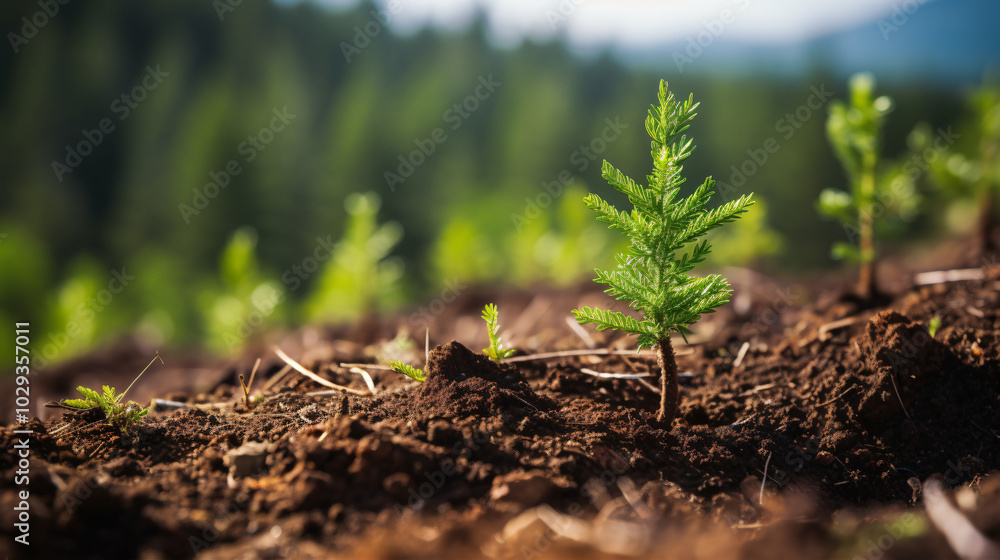 Close-up of coniferous tree seedlings against the background of green mountain ranges, afforestation, ecology, helping nature, forest district, nature protection, ecological activities. Close-up of coniferous tree seedlings against the background of green mountain ranges, afforestation, ecology, helping nature, forest district, nature protection, ecological activities.