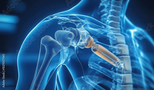 Shoulder joint replacement implant - X-ray view - Medically 3D illustration with blue background