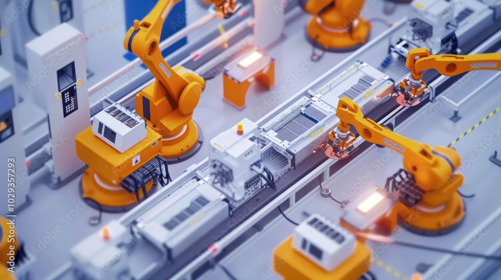 Automated Robotic Arms Working on a Conveyor Belt in a Factory Automated Robotic Arms Working on a Conveyor Belt in a Factory
