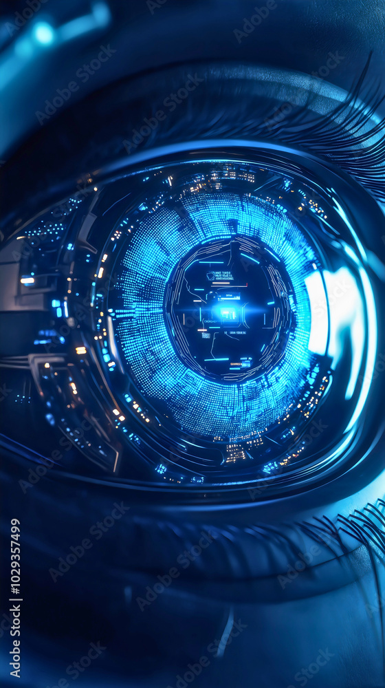 A robotic blue eye scanning its surroundings, a humanoid robotic eye with various scientific and technological scanners within it, analyzing its environment. A robotic blue eye scanning its surroundings, a humanoid robotic eye with various scientific and technological scanners within it, analyzing its environment.