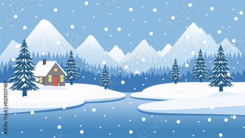 House and winter lake in the forest. Winter landscape of forests, mountains and houses in snowy Christmas weather. Beautiful snowy day, snowdrifts, mountains, snow-covered trees, amazing clouds. 