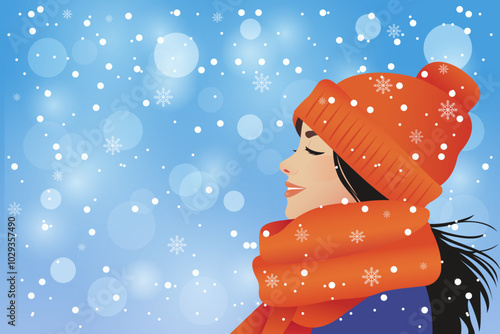 Young happy woman enjoying snowy snowy weather on a background of beautiful snowflakes. Woman wearing a red hat and scarf on a Christmas blue background.