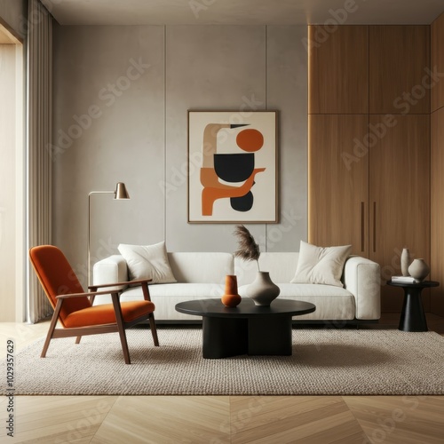 Modern minimalist living room, abstract art, warm color palette, orange armchair, white sofa, black coffee table, geometric shapes, natural light, wooden floor, textured rug, sleek floor lamp, ceramic