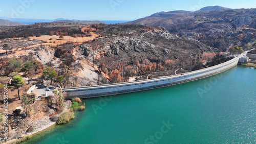 Aerial drone photo of lake and dam of Marathon after mega fires of Athens in August 2024, Attica, Greece photo