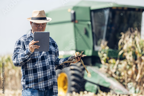 Farmer work in a field with corn. agriculture irrigation concept. Farmer man working in field with harvesting corn. Farmer working in corn field examining crop photo