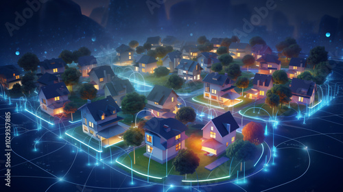 Modern housing estate of single-family houses with a holographic network of connections, smart homes, sustainable development, energy sharing, using 5G to optimize energy consumption and cloud-based v