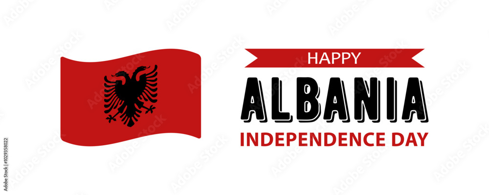 Fototapeta premium Albania Independence Day, simple minimalist web banner design. Text Happy Albania Independence Day and Albanian flag isolated on white background.