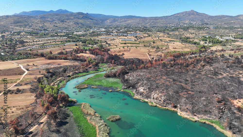 Aerial drone photo of lake and dam of Marathon after mega fires of Athens in August 2024, Attica, Greece
