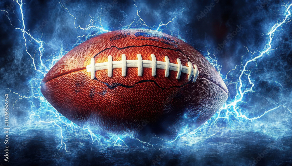 An American football surrounded by blue lightning bolts, with energy bursting from the image, symbolizing power and force. An American football surrounded by blue lightning bolts, with energy bursting from the image, symbolizing power and force.