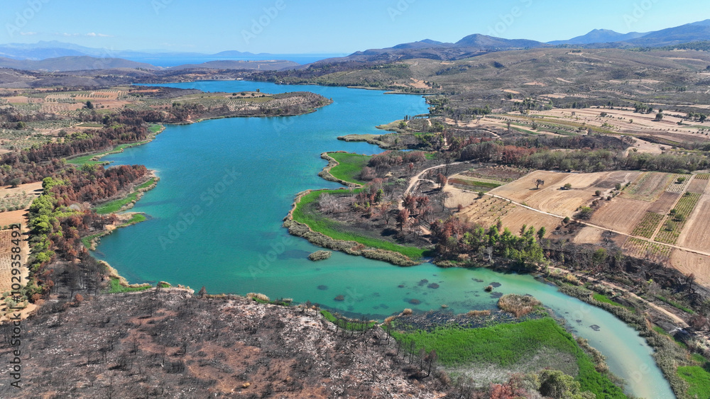 Aerial drone photo of lake and dam of Marathon after mega fires of Athens in August 2024, Attica, Greece Aerial drone photo of lake and dam of Marathon after mega fires of Athens in August 2024, Attica, Greece