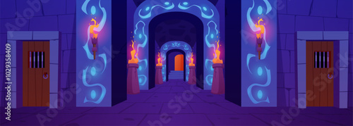 The vector interior of the dungeon with ancient stone walls, torches with a long corridor