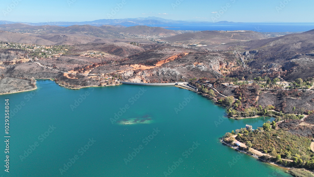 Aerial drone photo of lake and dam of Marathon after mega fires of Athens in August 2024, Attica, Greece Aerial drone photo of lake and dam of Marathon after mega fires of Athens in August 2024, Attica, Greece