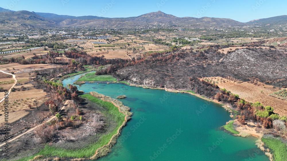 Aerial drone photo of lake and dam of Marathon after mega fires of Athens in August 2024, Attica, Greece Aerial drone photo of lake and dam of Marathon after mega fires of Athens in August 2024, Attica, Greece
