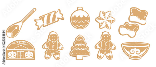 Kazakh national elements, ornaments set in the form of Happy New Year gingerbread cookies. Kazakh Yurt, Dombra, bowl, candy, taqiya. Vector isolated hand drawn illustration on white background